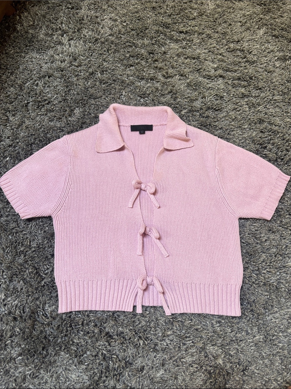 Zara Pale Pink Short-Sleeve Tie-Front Knit Cardigan